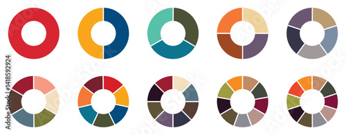Pie chart set, colored segmented circle icons, pie chart divided equal parts, ring percentage wheel, circle diagram with sections or parts, Vector-eps 10