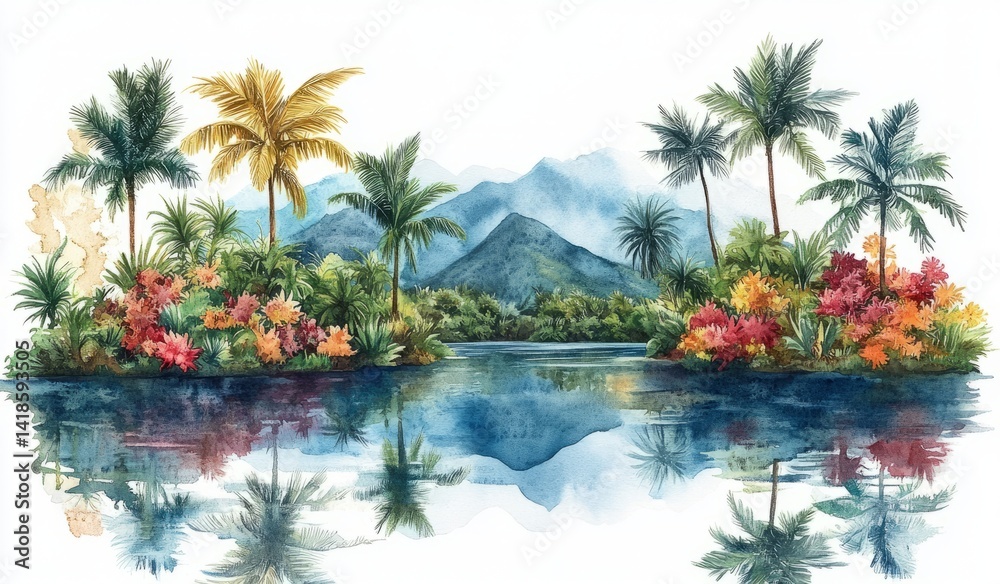 Fototapeta premium Tropical Lagoon: Watercolor Paradise of Palms and Mountain Reflections