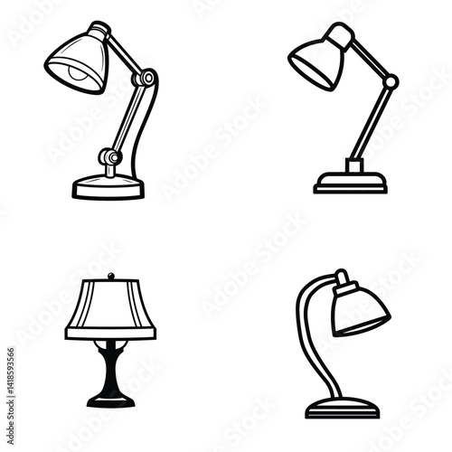 Desk Lamp Icon Collection, Outline Style, Table Lamps on Transparent Background