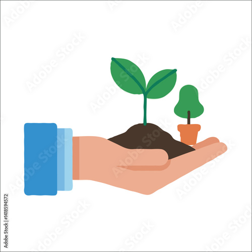 Hand holding young plant seed vector image, plant care concept flat illustration, hand carrying plant pot, small tree on human hand isolated on white