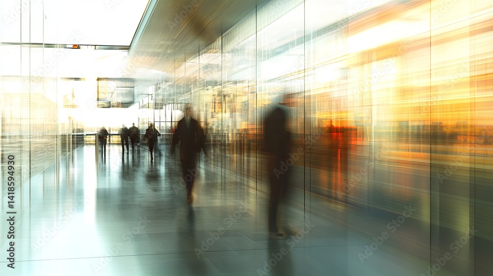 Blurred figures walking in a bright modern hallway with glass walls and a reflective floor creating motion Blurred figures walking in a bright modern hallway with glass walls and a reflective floor creating motion