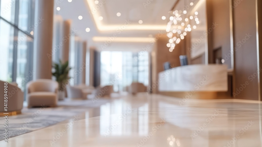 Fototapeta premium Luxurious hotel lobby reception desk, marble floor, city view, waiting area