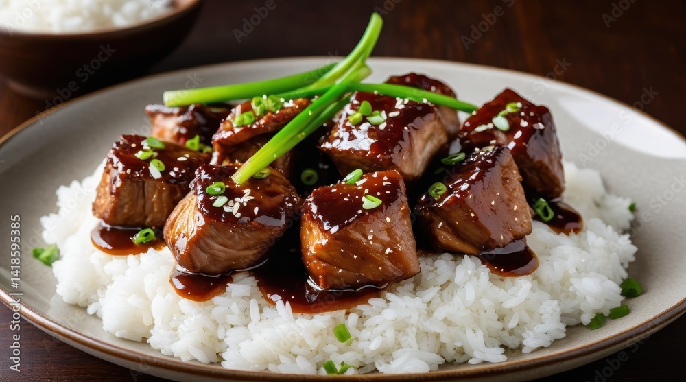 Succulent glazed beef chunks served with steamed rice, garnished with fresh green onions, presented in a stylish black bowl on a wooden table setting Succulent glazed beef chunks served with steamed rice, garnished with fresh green onions, presented in a stylish black bowl on a wooden table setting