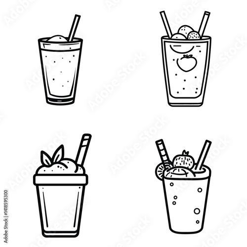 Doodle style black line art smoothies with fruits, straws on transparent background