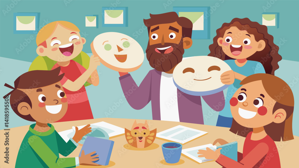 A room filled with laughter and chatter as children construct paper plate masks and act out their favorite Bible stories.. Vector illustration