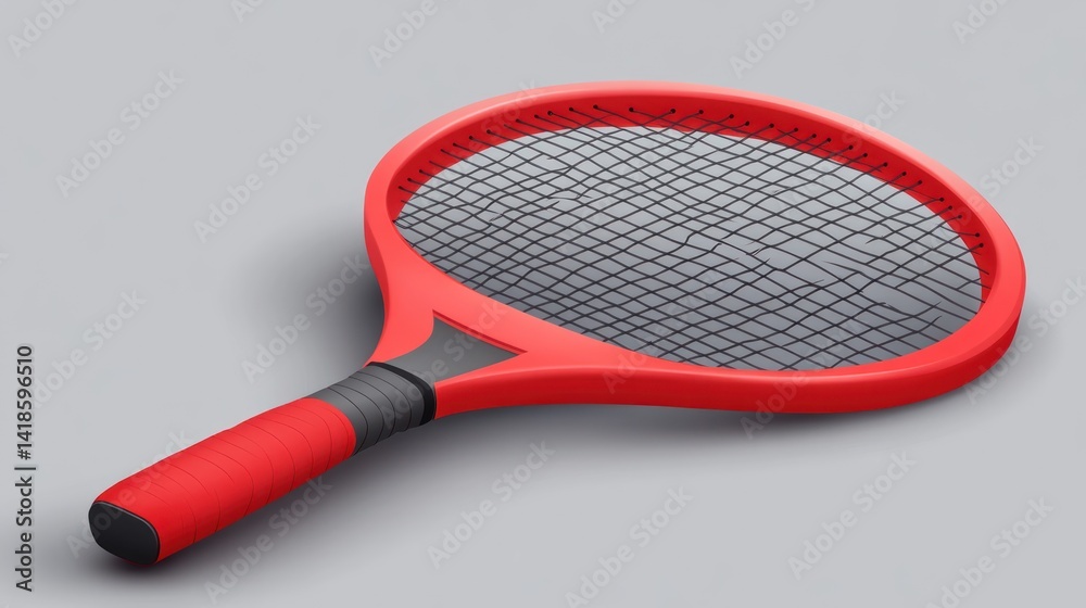 Red tennis racket studio shot, isolated on grey background; sport equipment product shot Red tennis racket studio shot, isolated on grey background; sport equipment product shot