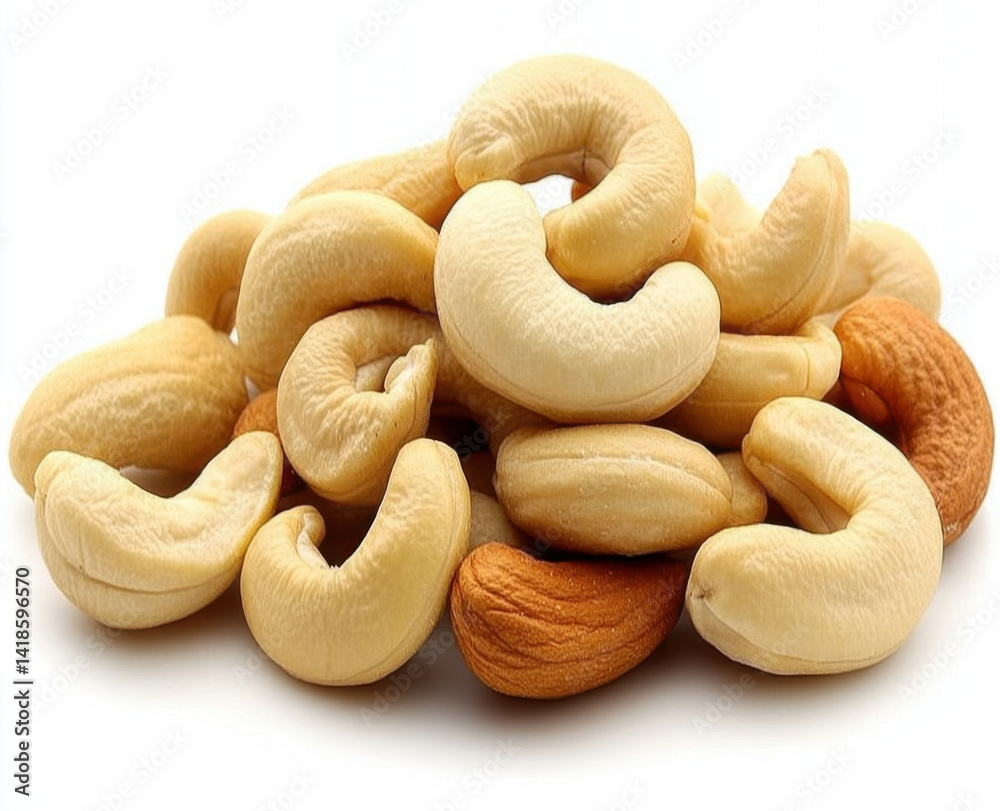 Cashews and almonds on white background Cashews and almonds on white background