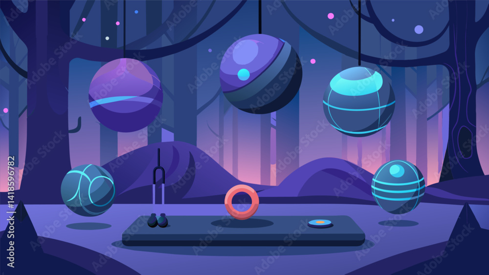 Holographic medicine balls and resistance bands float in a mystical forest where avatars can take a virtual strength training class.. Vector illustration