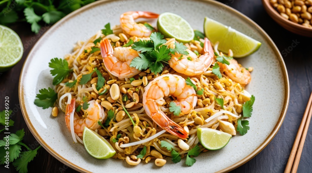 A flavorful plate of shrimp Pad Thai garnished with cilantro and peanuts is artfully presented on a dark dish, set against a wooden table A flavorful plate of shrimp Pad Thai garnished with cilantro and peanuts is artfully presented on a dark dish, set against a wooden table