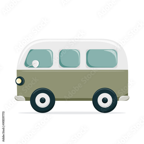 Vector illustration of a retro style minibus in olive and white colors. Isolated on white background. Suitable for travel, vintage transport and nostalgic design themes