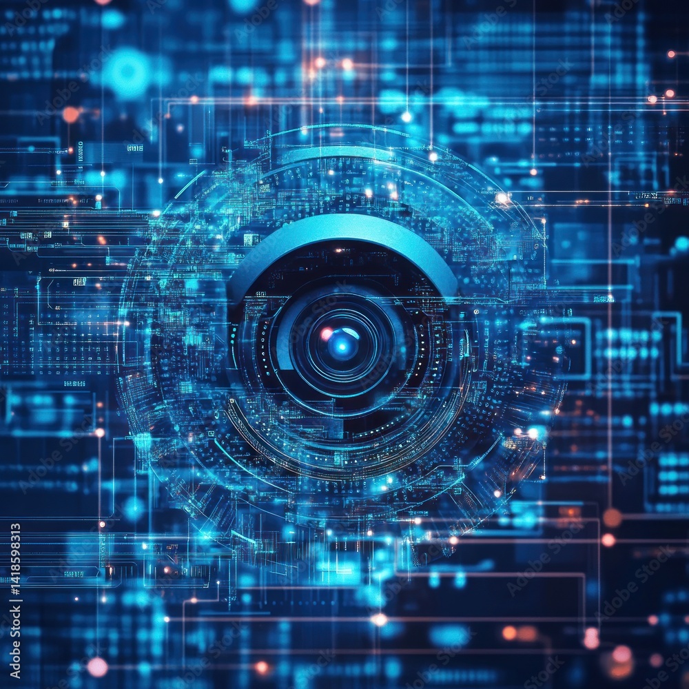 Digital camera lens interwoven with complex circuit network. Digital camera lens interwoven with complex circuit network.