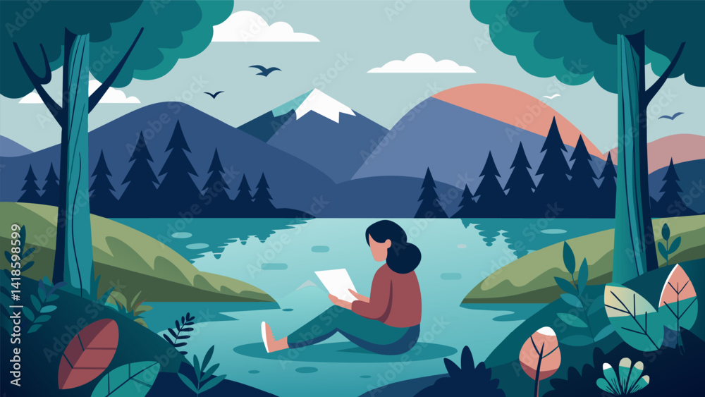 A secluded lake in the middle of the forest with a lone figure reading scripture while surrounded by the sounds of nature.. Vector illustration