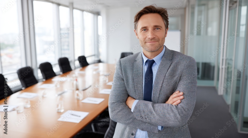 Confident businessman standing in a modern office with a boardroom setting, ready for a meeting and showcasing leadership. Confident businessman standing in a modern office with a boardroom setting, ready for a meeting and showcasing leadership.