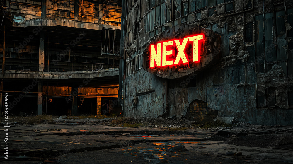 Naklejka premium Glowing red NEXT sign on crumbling facade of abandoned, decayed building in post-apocalyptic urban environment at dusk.