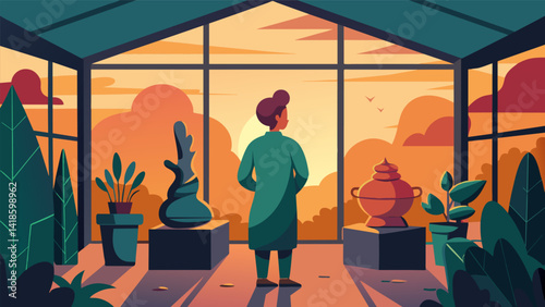 As the sun sets outside a solitary figure stands in the center of the greenhouse lost in thought as they mold clay into intricate sculptures inspired. Vector illustration