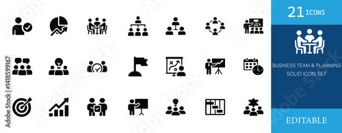 Solid black icon set representing business teamwork, project planning, leadership, and strategy. Perfect for presentations, apps, websites, and corporate design projects