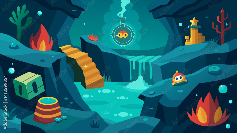 Navigating through underwater caves and tunnels discovering hidden treasures and secrets.. Vector illustration