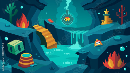 Obraz na płótnie Navigating through underwater caves and tunnels discovering hidden treasures and secrets.. Vector illustration w salonie