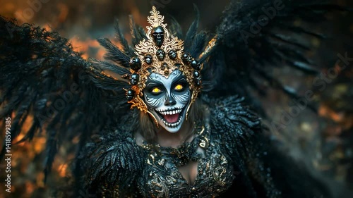 Ethereal entity with glowing eyes and golden crown in enchanted forest