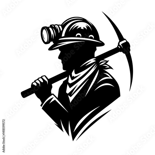 Retro Style Miner with Pickaxe and Helmet for Mining Industry, Labor, Energy, and Industrial Safety Designs