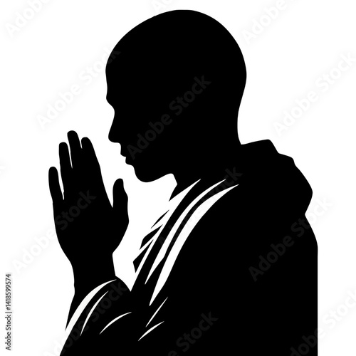 Silhouette of Monk in Prayer Pose for Religion, Spirituality, Meditation, and Wellness Concepts