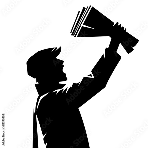 Vintage Style Newspaper Delivery Boy Raising Papers in the Air for Press, Journalism, and Communication Themes