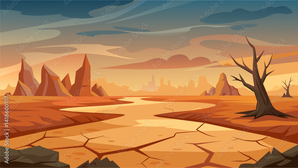 A vast desolate wasteland with scorched earth and cracked dry ground symbolizes a sense of despair and loss.. Vector illustration