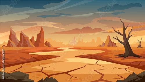 Obraz na płótnie A vast desolate wasteland with scorched earth and cracked dry ground symbolizes a sense of despair and loss.. Vector illustration w salonie