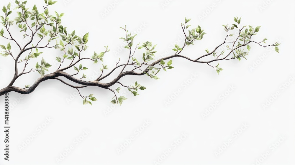 Fototapeta premium Spring branch, leaves, white background, minimalist design, website banner