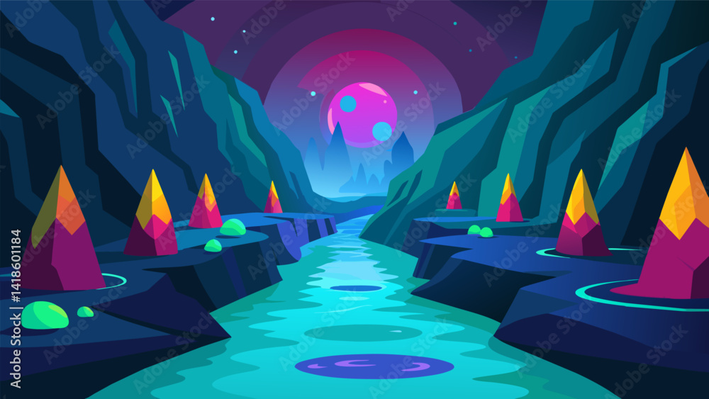 Explore a mysterious underground river the walls of the cave lit up with colorful virtual projections as you glide through the calm waters.. Vector illustration