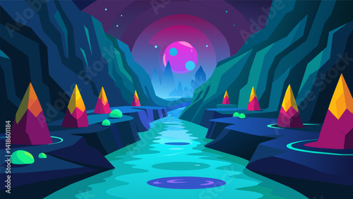 Obraz na płótnie Explore a mysterious underground river the walls of the cave lit up with colorful virtual projections as you glide through the calm waters.. Vector illustration w salonie