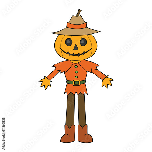 A spooky scarecrow with a grinning pumpkin head, tattered clothes, and straw limbs, standing guard in a haunted field under the moonlight.