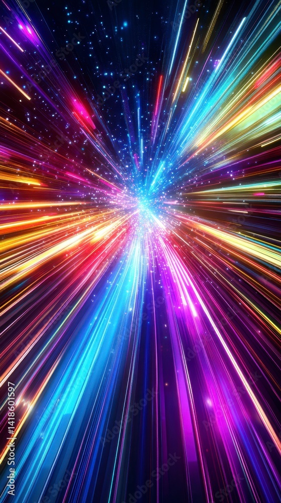 Obraz premium Bright Colorful Light Rays Burst in Dark Background with Sparkles