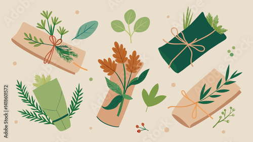 Obraz na płótnie A set of botanical illustrations printed on ecofriendly paper and made into reusable fabric wraps each featuring a different herb and its benefits.. Vector illustration w salonie