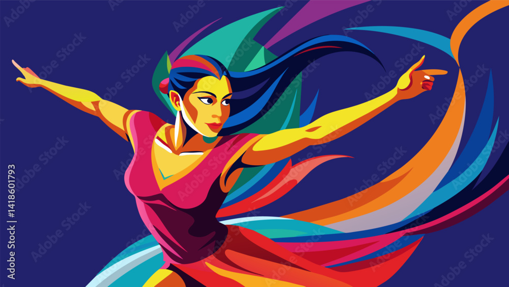 A portrait of a dancer captured midmovement with vibrant strokes and musical elements hinting at the fastpaced and energetic Latin music that fuels. Vector illustration