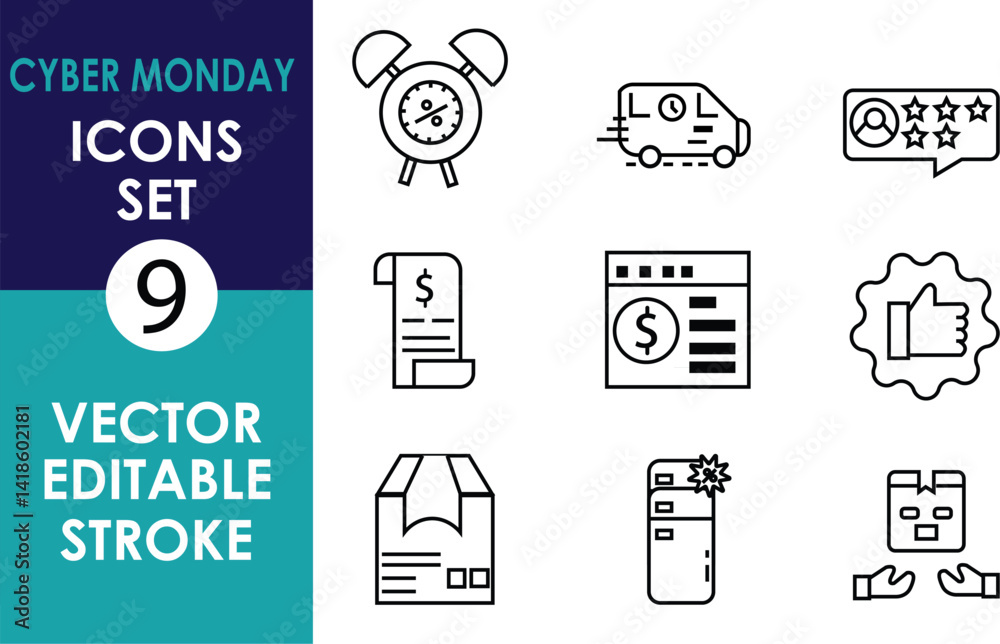 Fototapeta premium Cyber Monday icon set featuring 9 editable vector line icons: alarm clock, delivery, review, receipt, payment, like, package, coupon, and mobile shopping