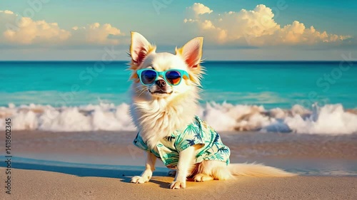 Stylish chihuahua in sunglasses enjoys sunny beach waves at seashore