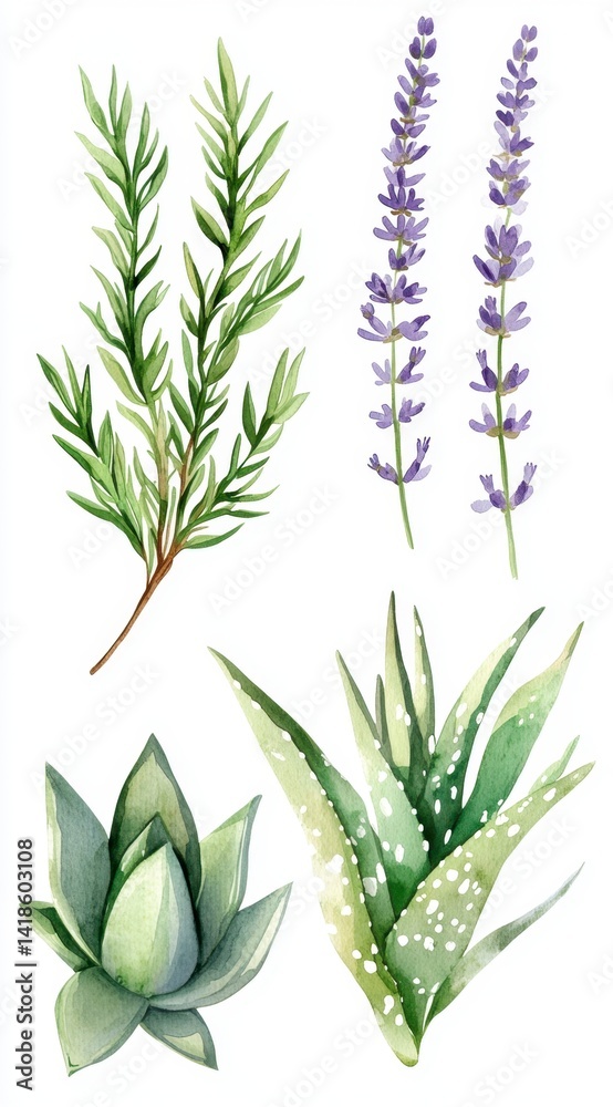 Fototapeta premium Elegant Watercolor Illustration of Various Herbal Plants and Succulents