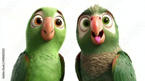 Cheerful animated parrots sharing a lively moment with expressive changes in mood