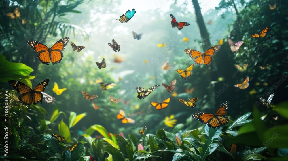 Enchanted forest with a vibrant swarm of butterflies in a mystical atmosphere Enchanted forest with a vibrant swarm of butterflies in a mystical atmosphere