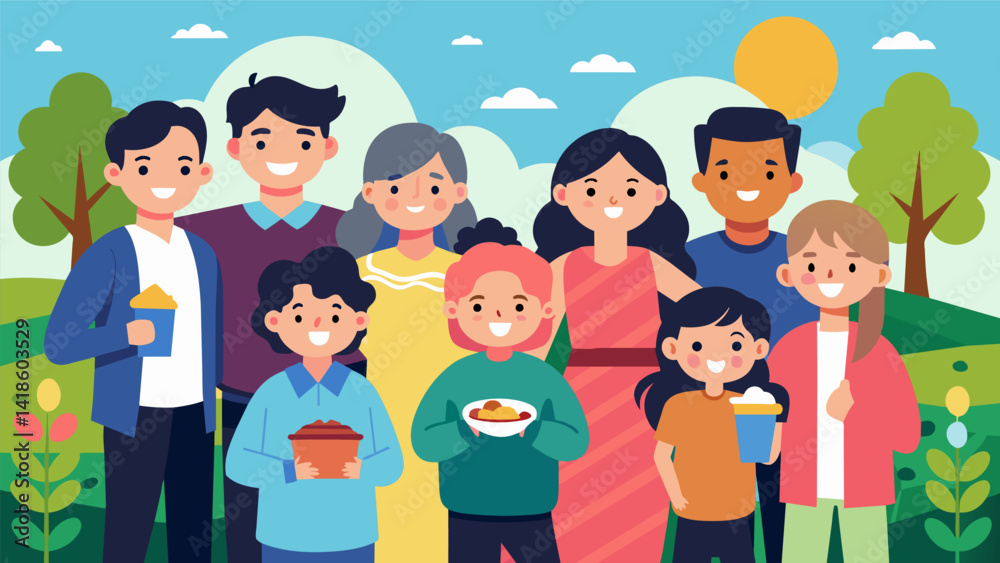 As the day comes to an end families take group photos and reminisce on the fun memories made at the church picnic.. Vector illustration