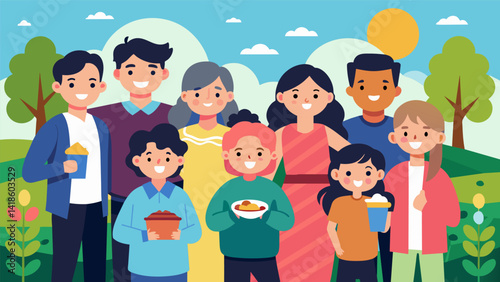 Obraz na płótnie As the day comes to an end families take group photos and reminisce on the fun memories made at the church picnic.. Vector illustration w salonie
