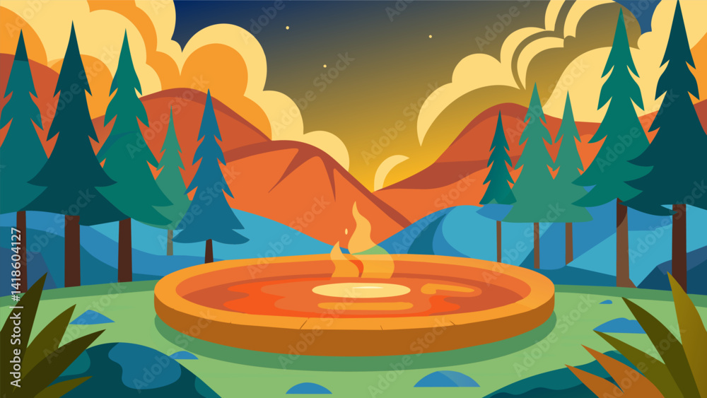 A warm and inviting hot spring in a serene forest as you close your eyes and focus on your breath to let go of any stress or tension.. Vector illustration