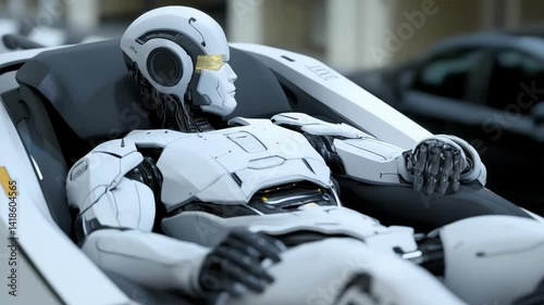 Futuristic Humanoid Robot Relaxing in a Sleek Modern Vehicle Interior Featuring Glowing Elements