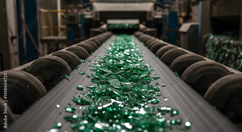 Obraz premium Broken glass pieces are transported on a conveyor belt in a glass recycling factory, highlighting the circular economy sustainable waste management, Industrial conveyor belt, crushed glass recycling
