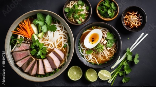 Wallpaper Mural A vibrant bowl of Japanese ramen with slices of pork, boiled egg, and fresh greens, surrounded by herbs, spices, and sauces on a black surface Torontodigital.ca