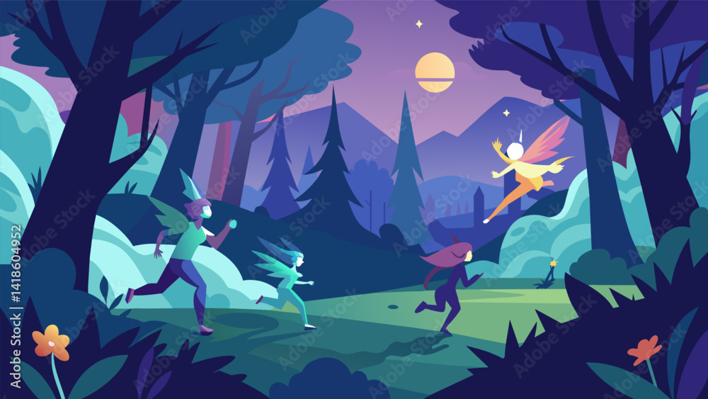 A race through a mystical forest dodging trees and avoiding spells cast by lurking fairies.. Vector illustration