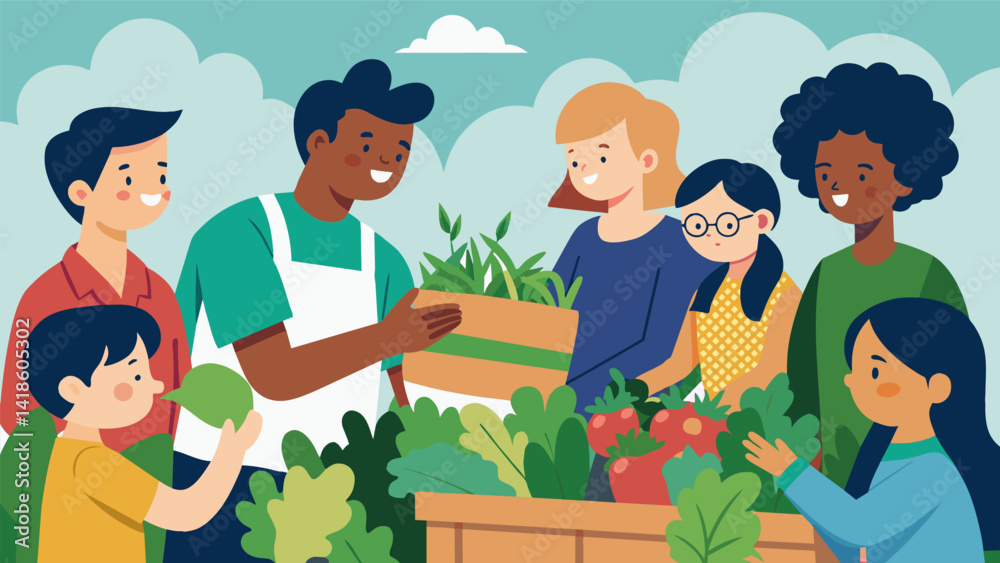 A class outing to a local farmers market with students excitedly selecting fresh herbs to bring back to the classroom.. Vector illustration
