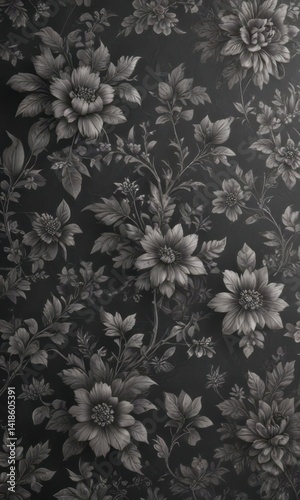 Wallpaper Mural Charcoal grey small floral wallpaper, antique aesthetic  Intricate leafy accents , textile, leaves Torontodigital.ca