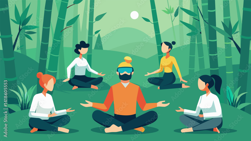 In a world of chaos and constant stimulation a group of mindfulness enthusiasts find solace and centering through virtual reality Tai Chi in a serene. Vector illustration